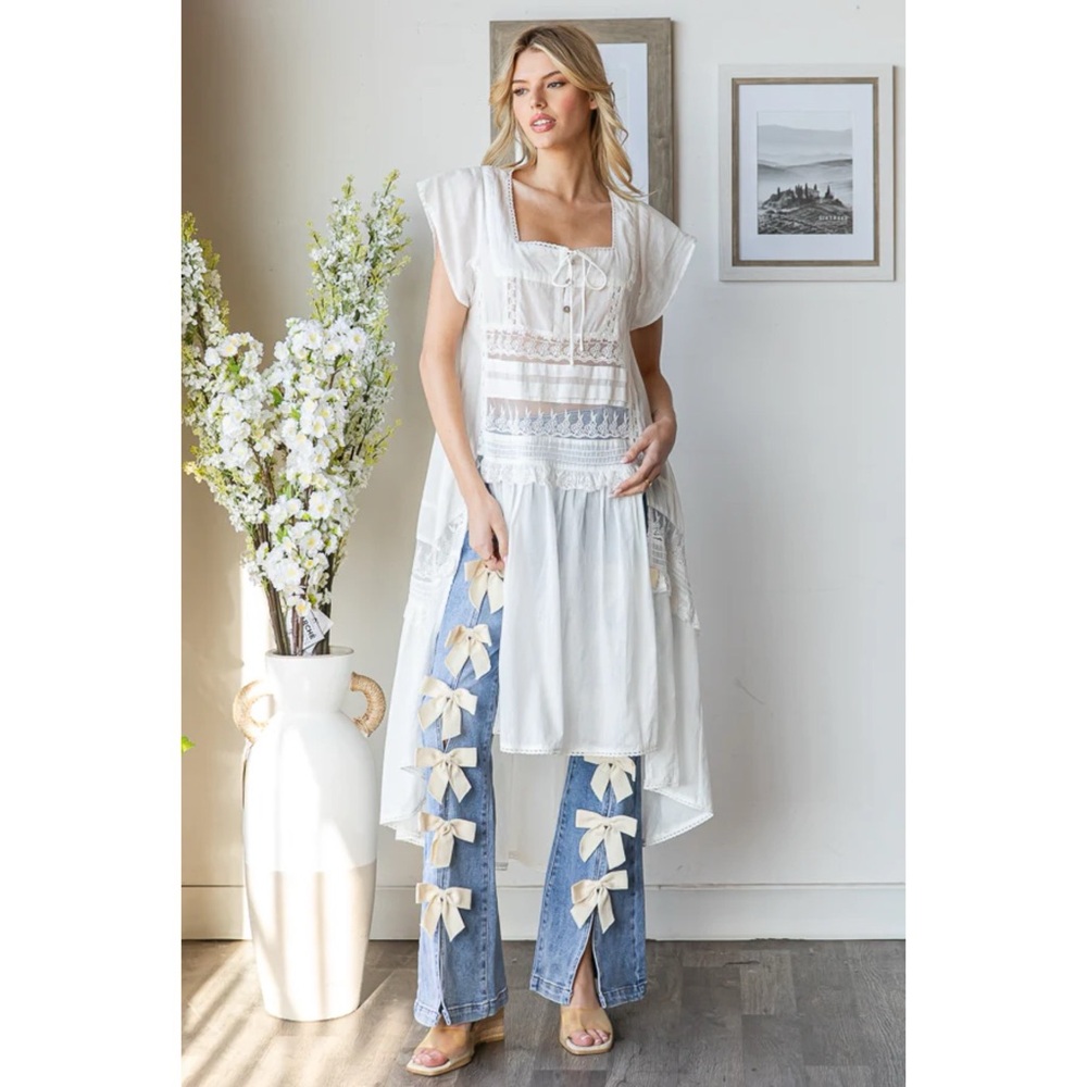 Oli & Hali White Lace Trim Sheer Boho Tunic Blouse - Picture 3 of 7